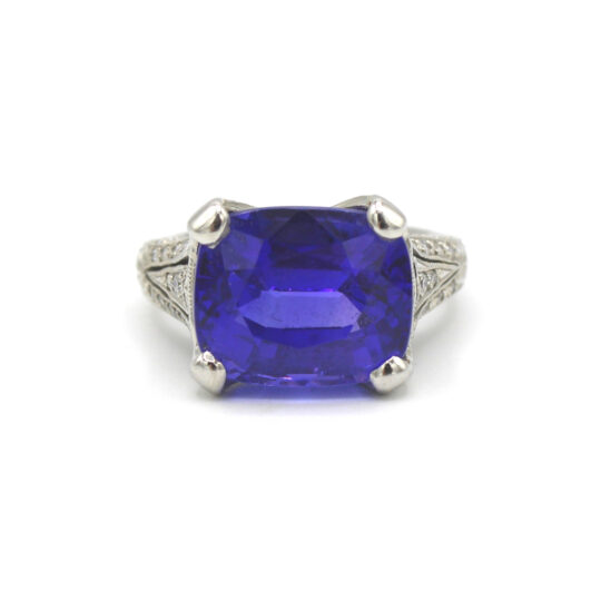 French Cushion Cut Tanzanite & Diamond Ring