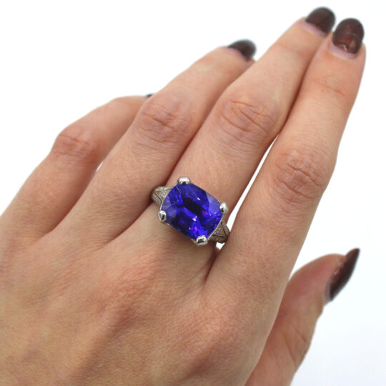 French Cushion Cut Tanzanite & Diamond Ring