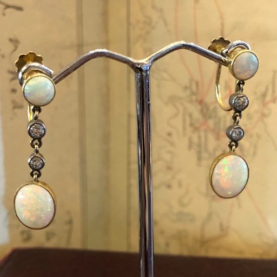 15ct Art Deco Diamond & Opal Drop Earrings