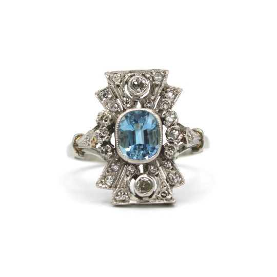 Art Deco Inspired Aquamarine & Diamond Plaque Ring
