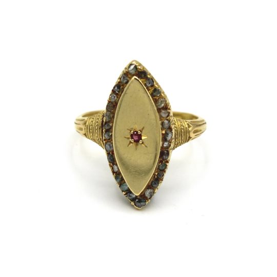 Old Cut Diamond & Ruby Navette Ring