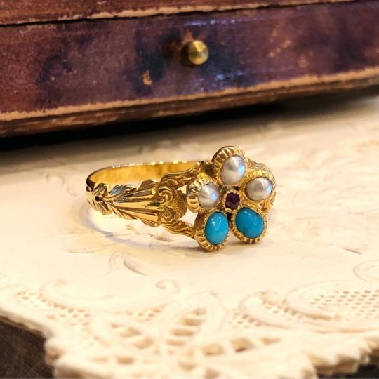 Pre 1931 Turquoise, Pearl & Ruby Daisy Ring
