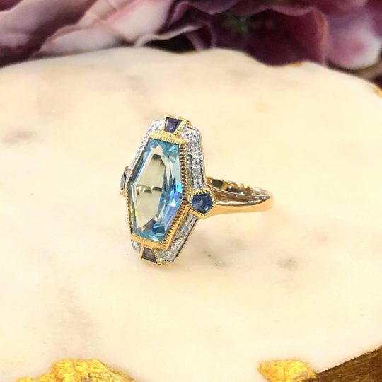Sapphire, Diamond & Blue Topaz Geometric Ring