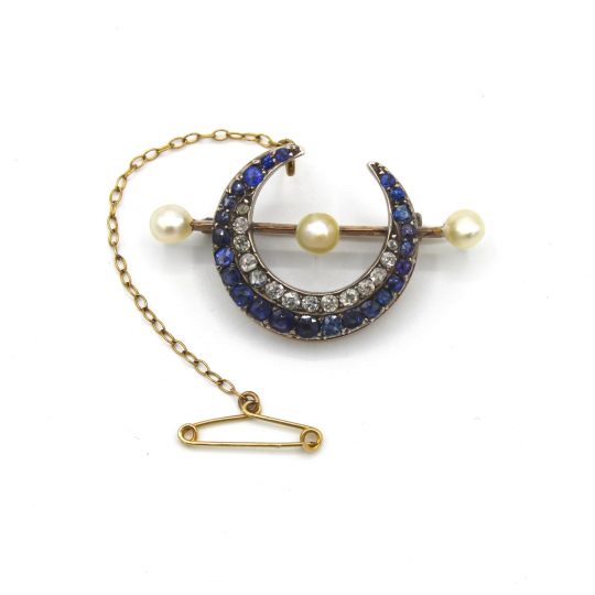 Crescent Sapphire, Diamond & Pearl Brooch