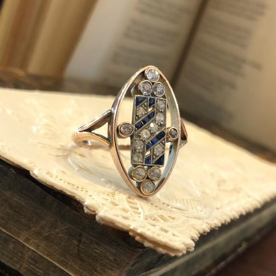 Art Deco Sapphire & Old Cut Diamond Navette Ring
