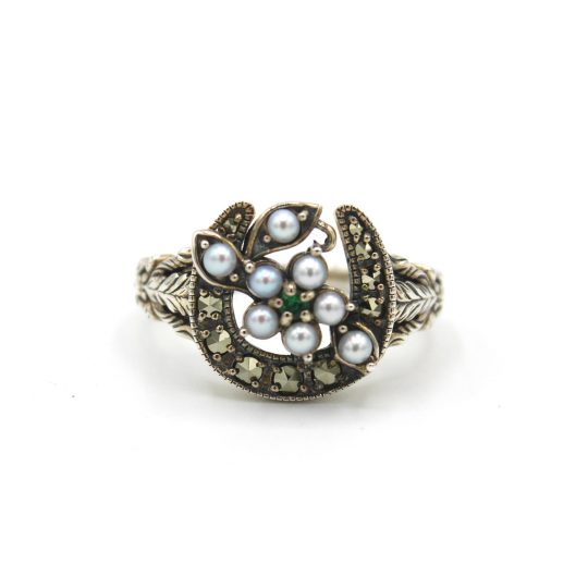 Sterling Silver Marcasite, Emerald & Pearl Horseshoe Ring