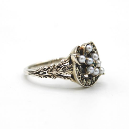 Sterling Silver Marcasite, Emerald & Pearl Horseshoe Ring