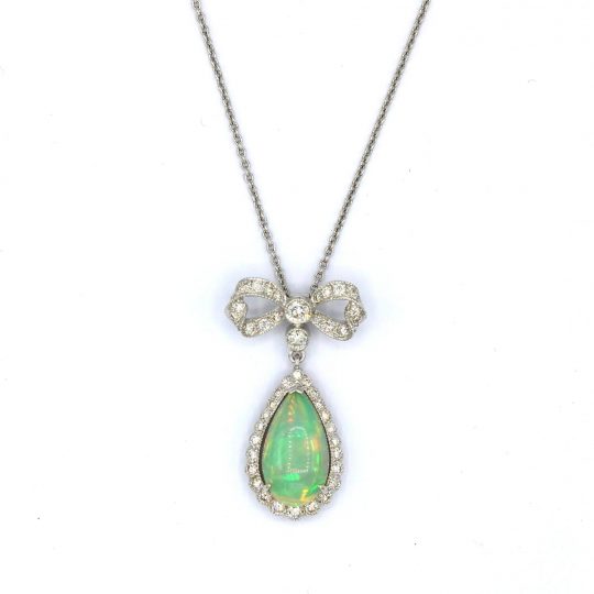 Teardrop Opal & Diamond Bow Necklace