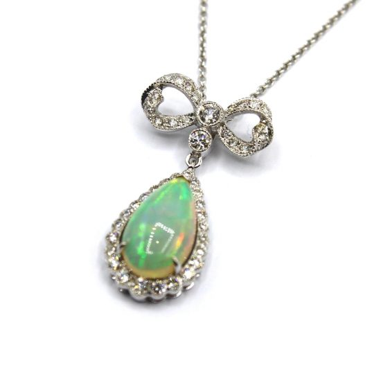 Teardrop Opal & Diamond Bow Necklace