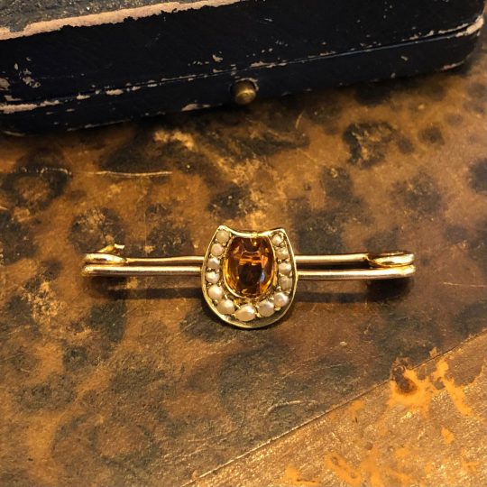 Citrine & Seed Pearl Horseshoe Bar Brooch