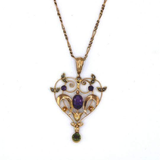 Floral Amethyst, Peridot & Pearl Suffragette Style Necklace