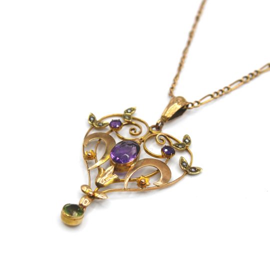 Floral Amethyst, Peridot & Pearl Suffragette Style Necklace