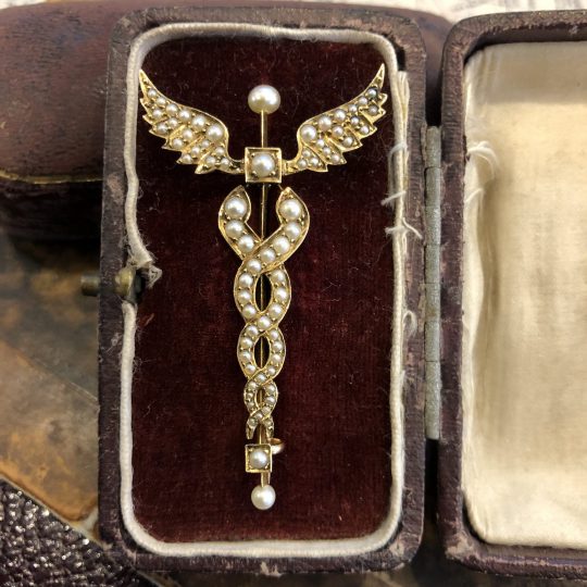 Rod of Caduceus Pearl Brooch