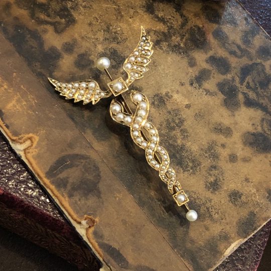 Rod of Caduceus Pearl Brooch