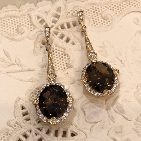 Smokey Quartz & Diamond Drop Stud Earrings