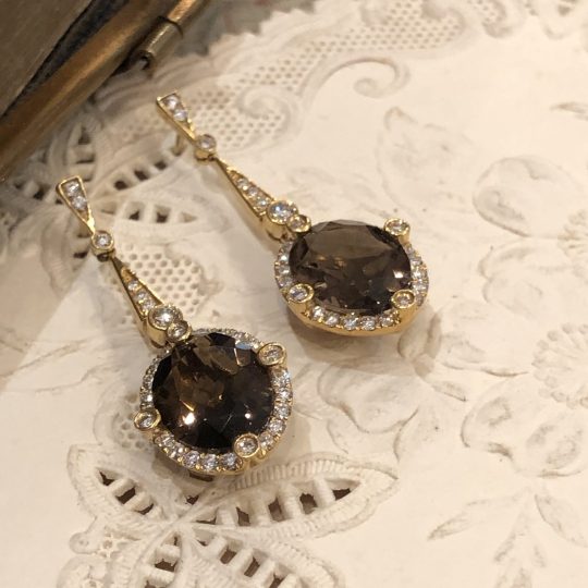 Smokey Quartz & Diamond Drop Stud Earrings