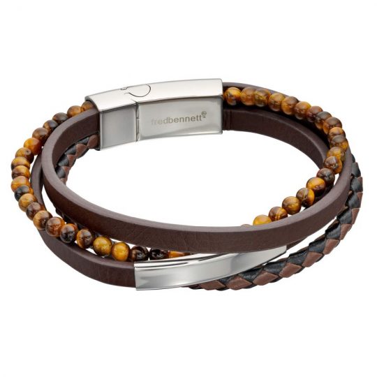 Fred Bennett Multi Row Recycled Brown Leather Bracelet