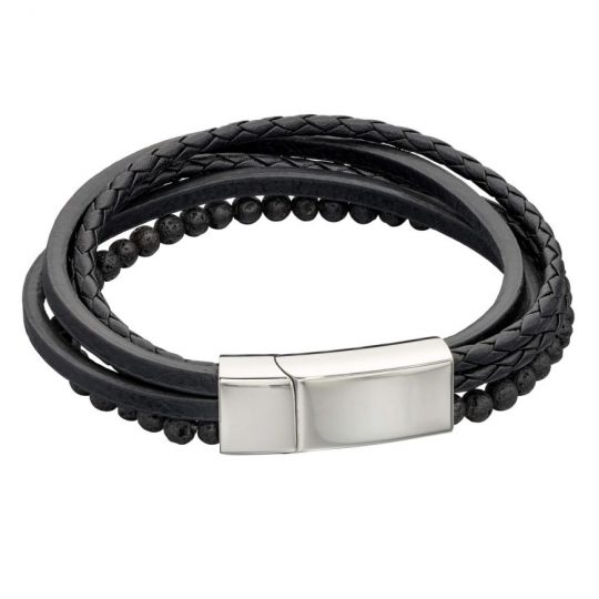 Fred Bennett Multi Row Recycled Black Leather Bracelet With Lava Beads