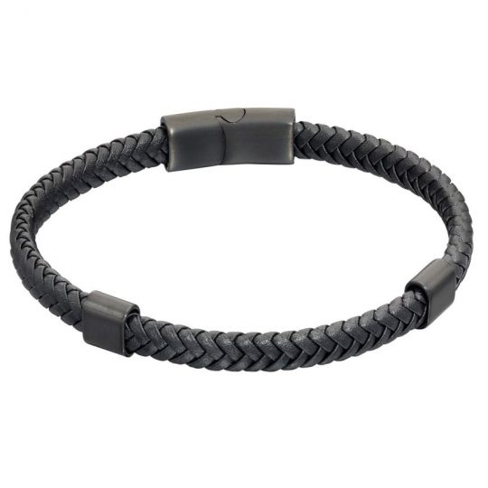 Fred Bennett Plaited Black Recycled Leather & Black IP Bracelet