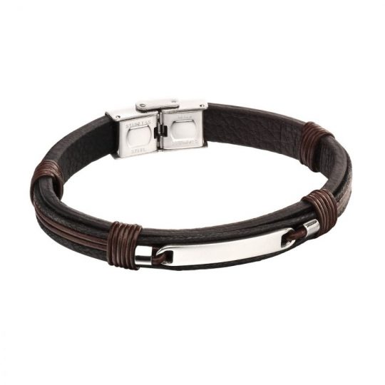 Fred Bennett Stainless Steel ID Bar And Woven Leather Bracelet