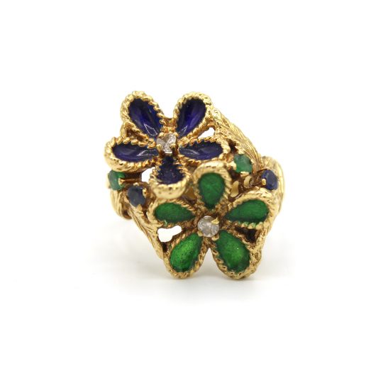 1950's Enamel, Sapphire & Emerald Flower Ring