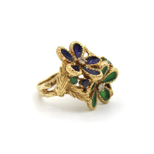 1950's Enamel, Sapphire & Emerald Flower Ring
