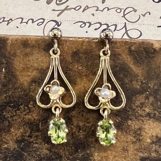 Edwardian Inspired Peridot & Seed Pearl Drop Earrings