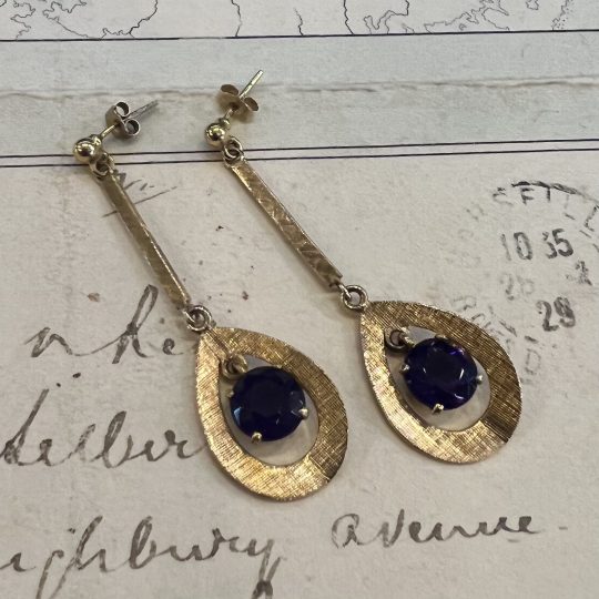 Retro 14ct Yellow Gold & Amethyst Drop Earrings