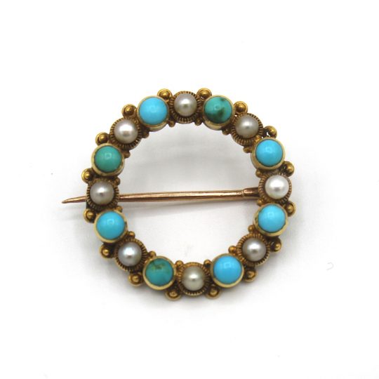 15ct Yellow Gold Turquoise & Seed Pearl Wreath Brooch