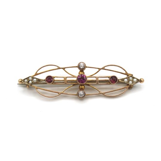 Art Nouveau Tourmaline, Diamond & Seed Pearl Brooch