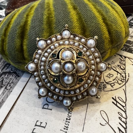 Victorian Seed Pearl & Emerald Target Brooch