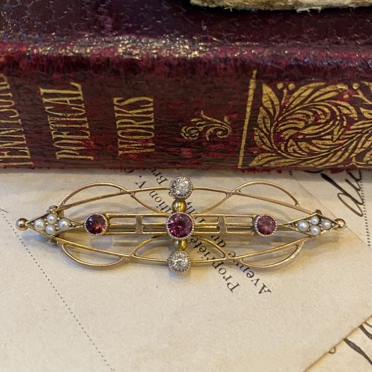 Art Nouveau Tourmaline, Diamond & Seed Pearl Brooch