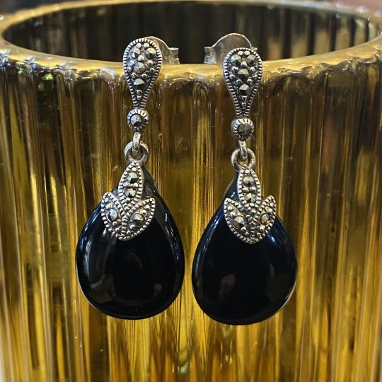 Vintage Inspired Marcasite & Onyx Drop Earrings