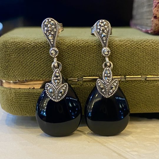 Vintage Inspired Marcasite & Onyx Drop Earrings