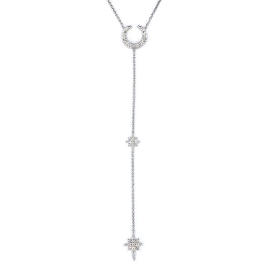 18ct White Gold Crescent Moon & Stars Lariat Necklace
