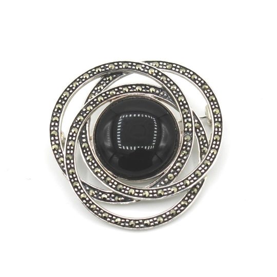 Sterling Silver Marcasite & Onyx Knot Brooch