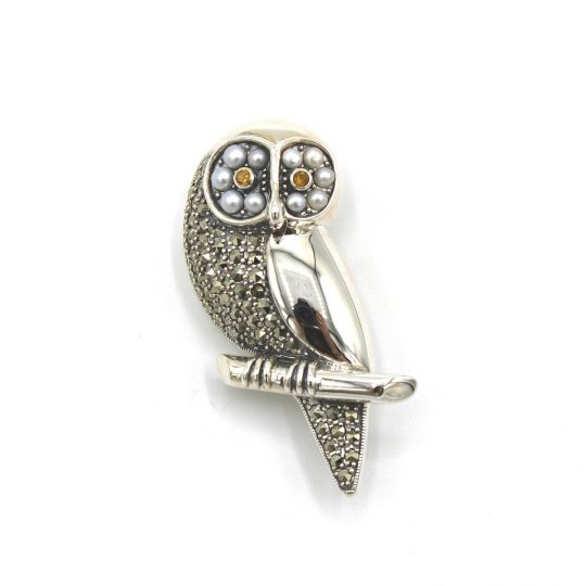 Marcasite, Seed Pearl & Citrine Owl Brooch