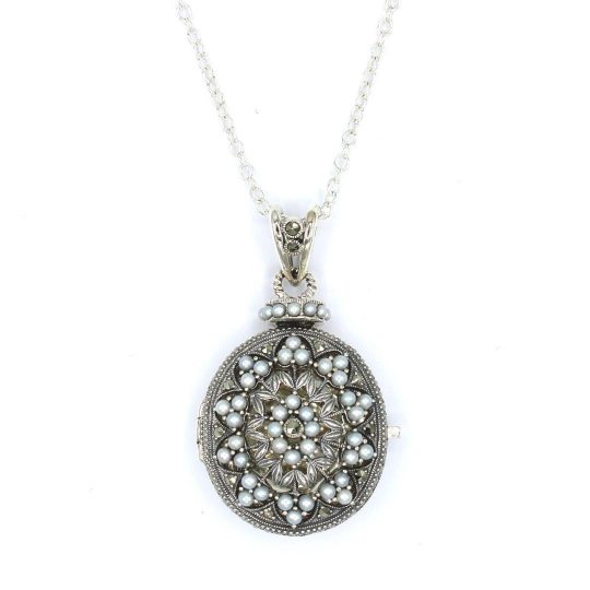 Sterling Silver Marcasite & Seed Pearl Openwork Locket