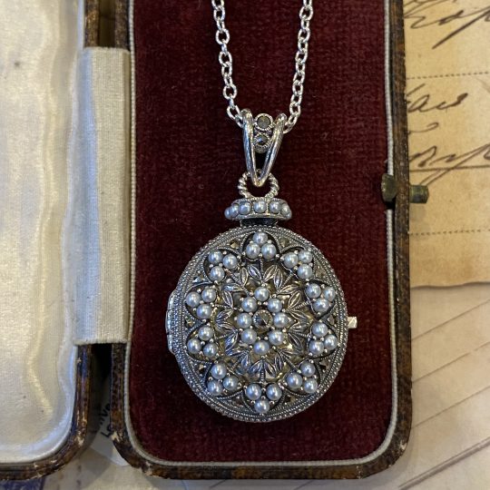 Sterling Silver Marcasite & Seed Pearl Openwork Locket