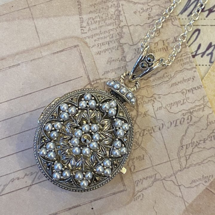 Sterling Silver Marcasite Seed Pearl Openwork Locket