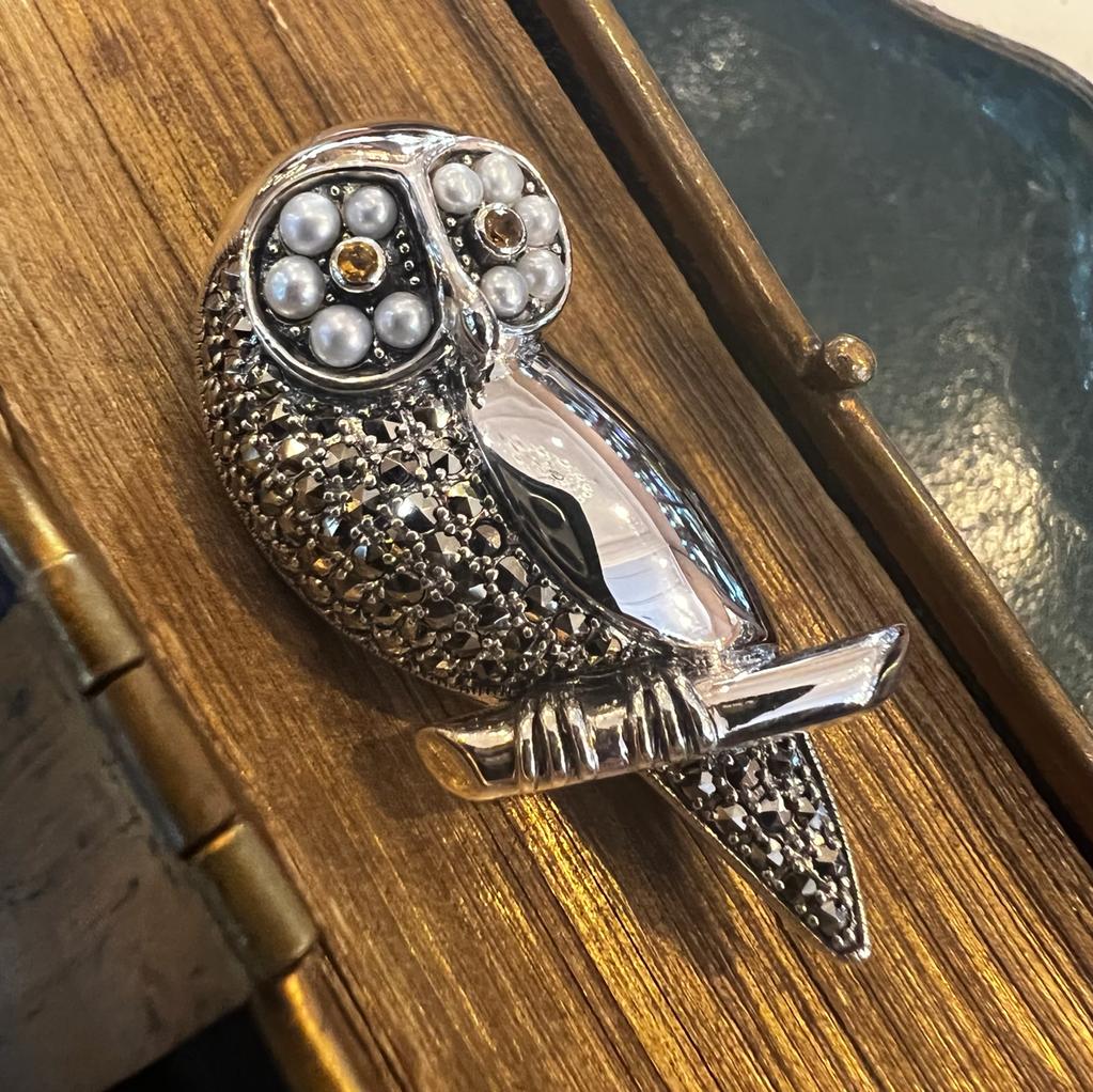 Marcasite Seed Pearl Citrine Owl Brooch