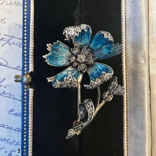 Edwardian Enamel & Diamond Flower Brooch