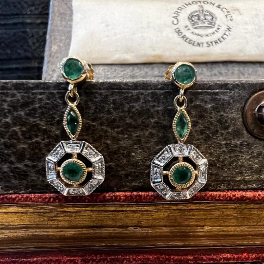 Art Deco Style Emerald & Diamond Drop Earrings