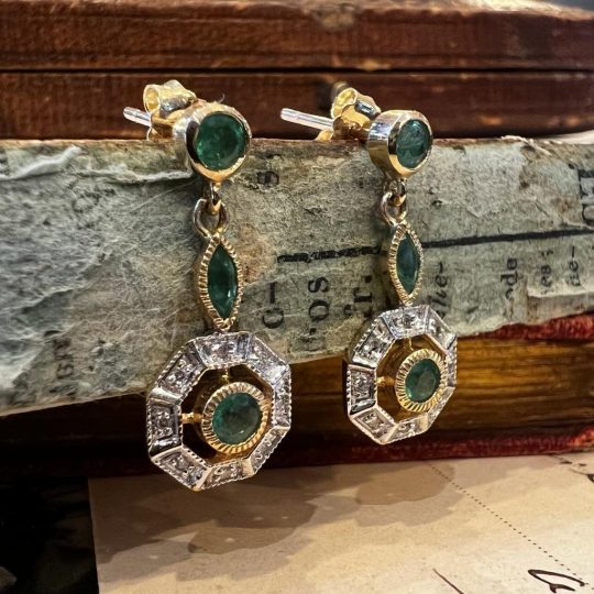 Art Deco Style Emerald & Diamond Drop Earrings