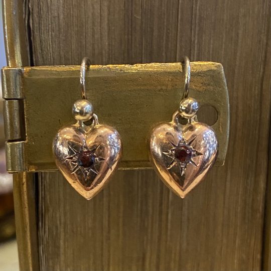 Victorian Garnet Puffed Heart Drop Earrings