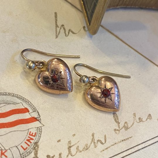 Victorian Garnet Puffed Heart Drop Earrings