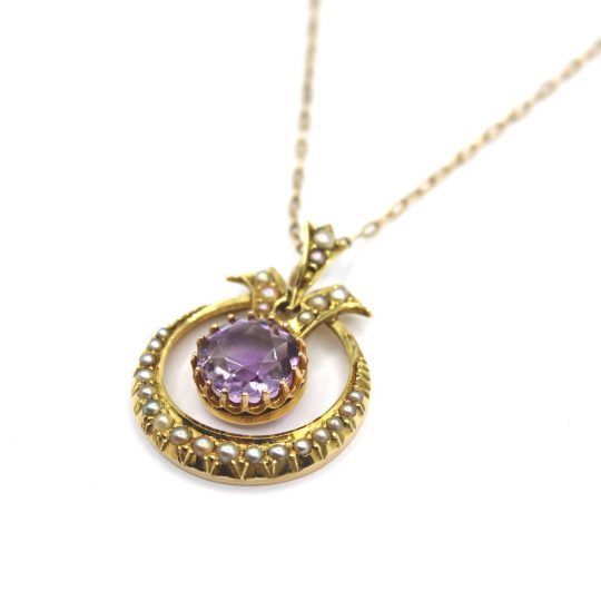 15ct Edwardian Amethyst & Seed Pearl Necklace