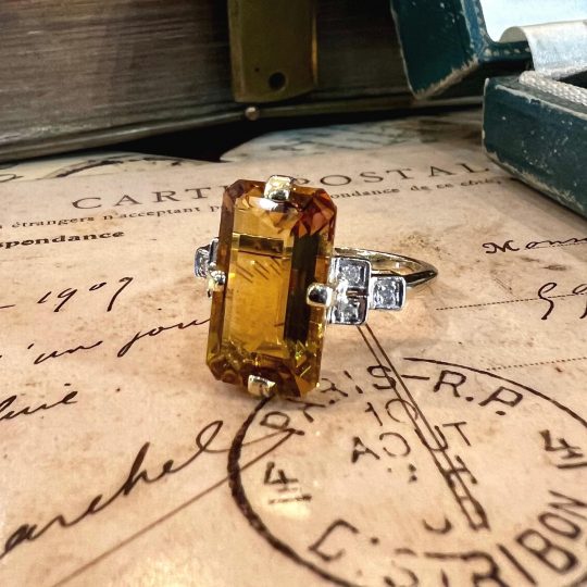 Art Deco Inspired Citrine & Diamond Ring With Stepped Shoulders