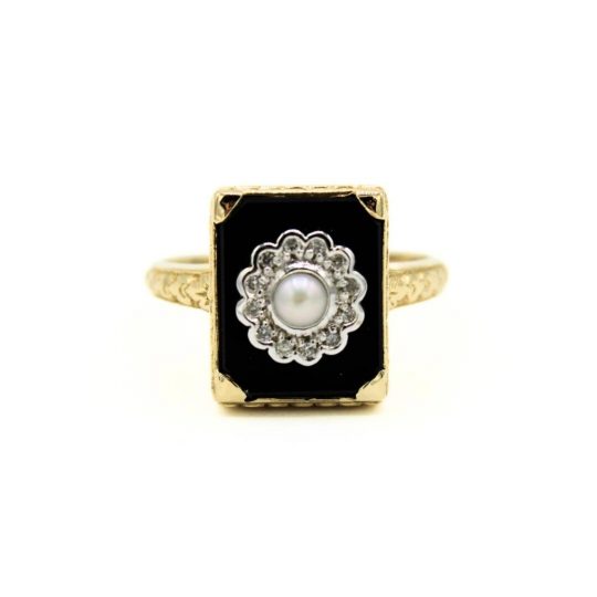 9ct Yellow Gold Onyx, Seed Pearl & Diamond Plaque Ring