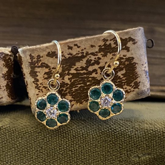9ct Yellow Gold Emerald & Diamond Cluster Drop Earrings